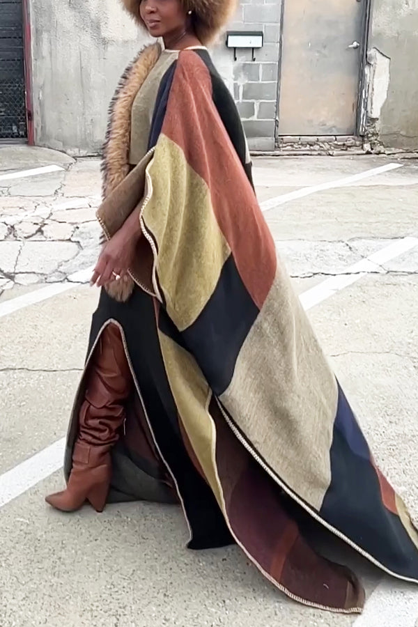 Wild Contrasting Trim Fur Patchwork Cape