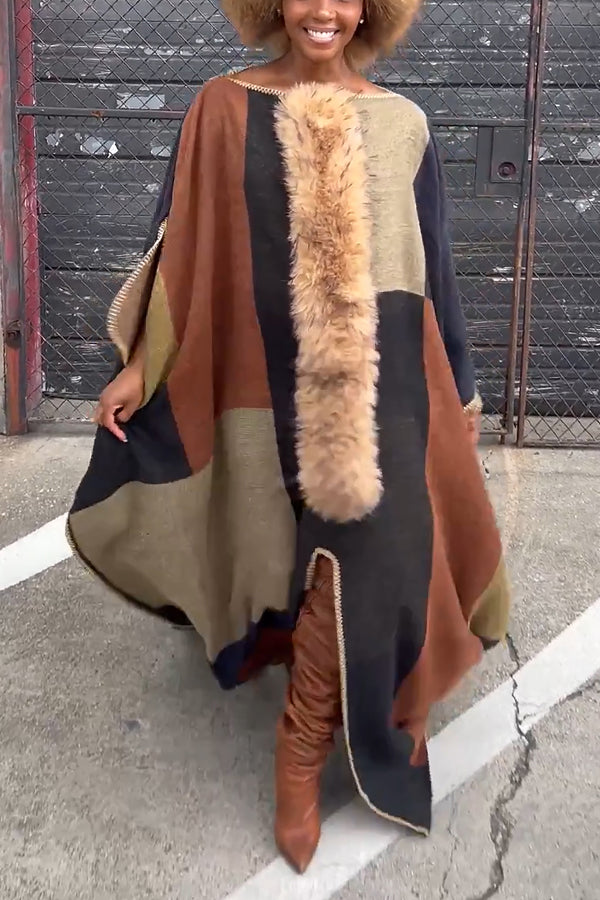 Wild Contrasting Trim Fur Patchwork Cape