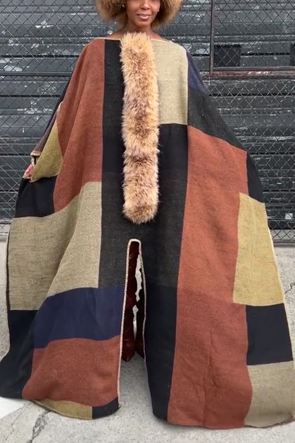 Wild Contrasting Trim Fur Patchwork Cape