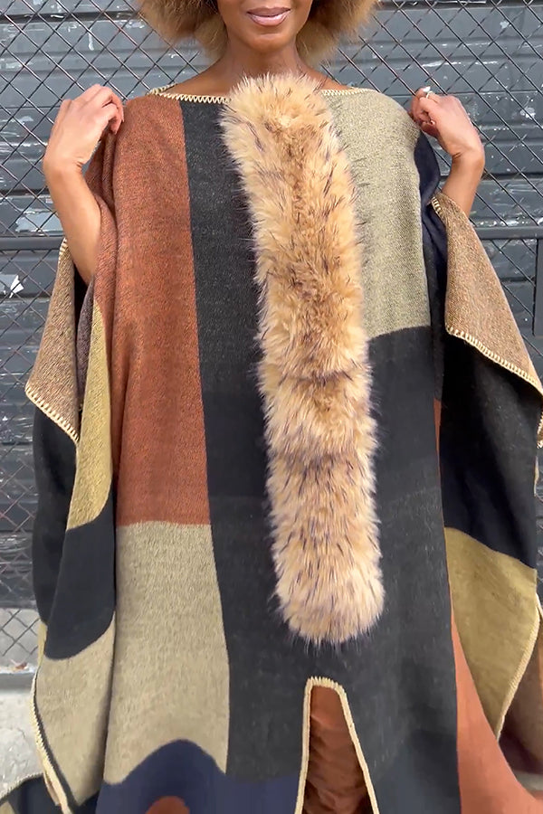 Wild Contrasting Trim Fur Patchwork Cape