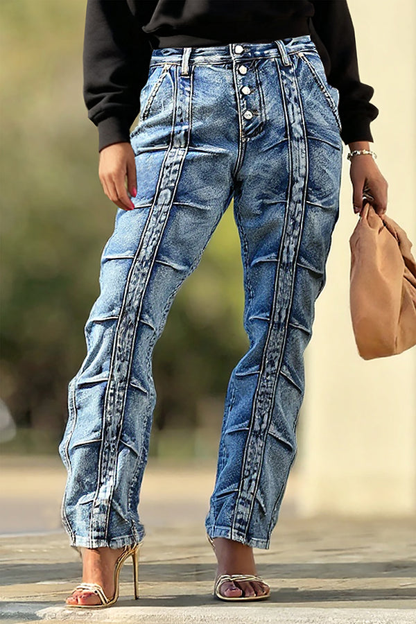 Street Style Button Front Ruched High Waist Jeans