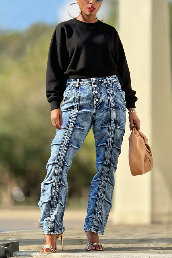 Street Style Button Front Ruched High Waist Jeans