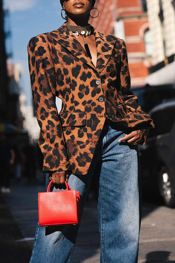 Stylish Leopard Print Faux Pocket Blazer