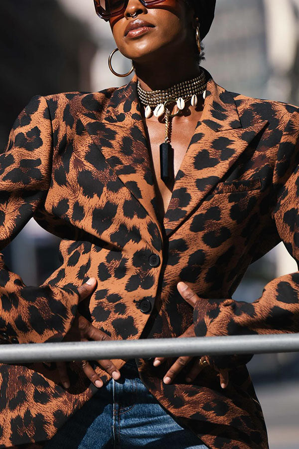 Stylish Leopard Print Faux Pocket Blazer