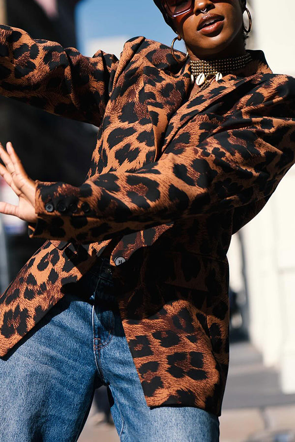 Stylish Leopard Print Faux Pocket Blazer