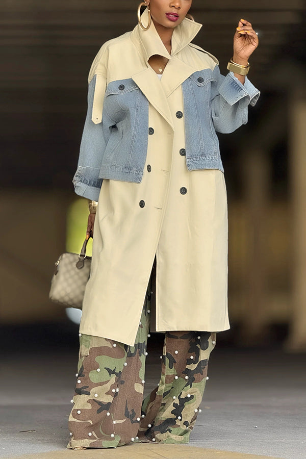 Stylish Double Breasted Denim Patchwork Trench Coat