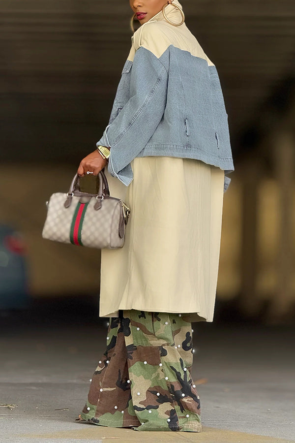 Stylish Double Breasted Denim Patchwork Trench Coat