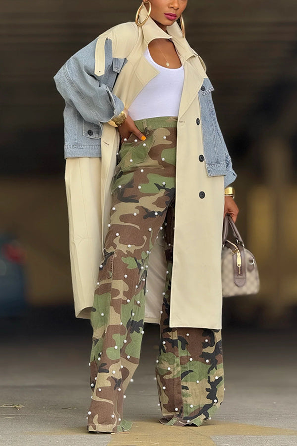 Stylish Double Breasted Denim Patchwork Trench Coat