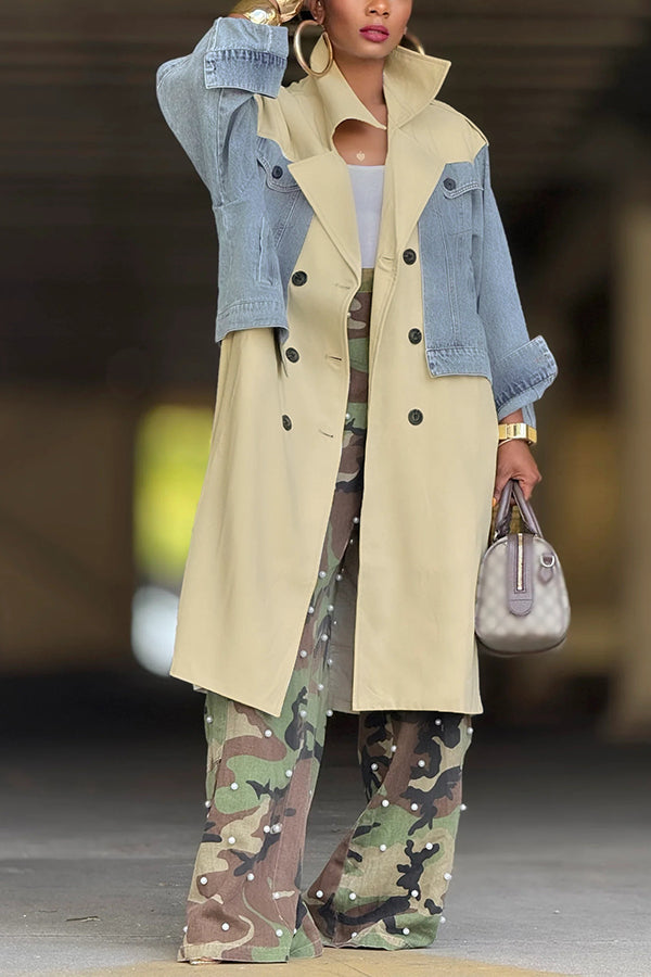 Stylish Double Breasted Denim Patchwork Trench Coat