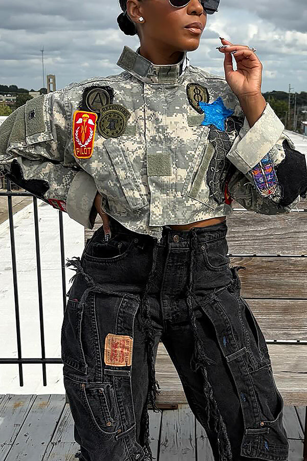 Cool Mandarin Collar Patchwork Camouflage Jacket