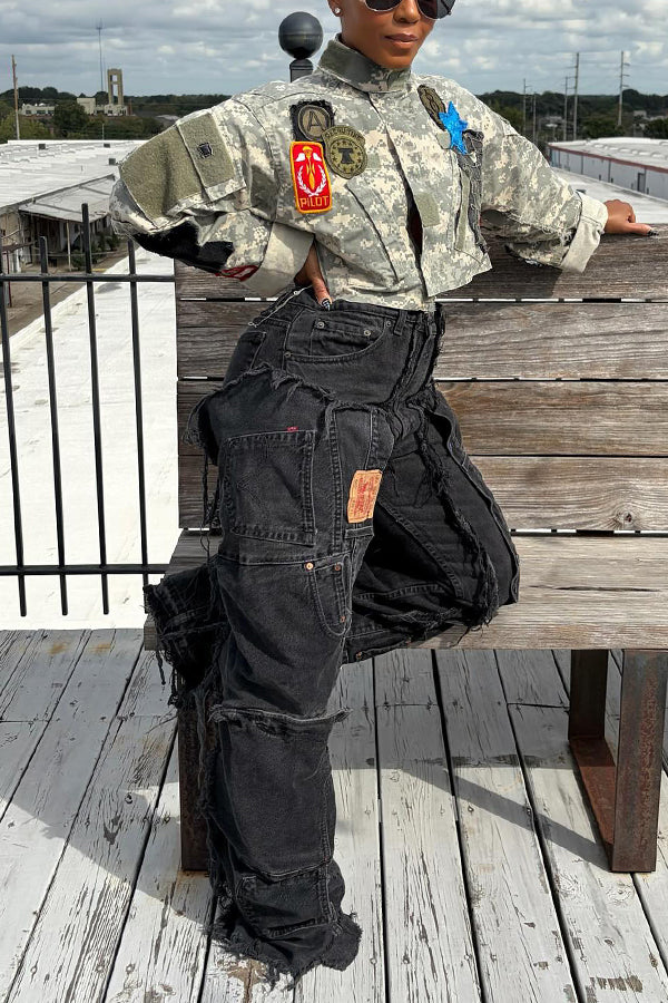 Cool Mandarin Collar Patchwork Camouflage Jacket