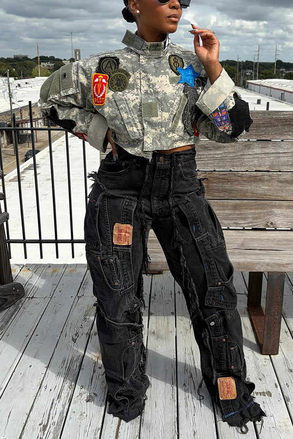 Cool Mandarin Collar Patchwork Camouflage Jacket