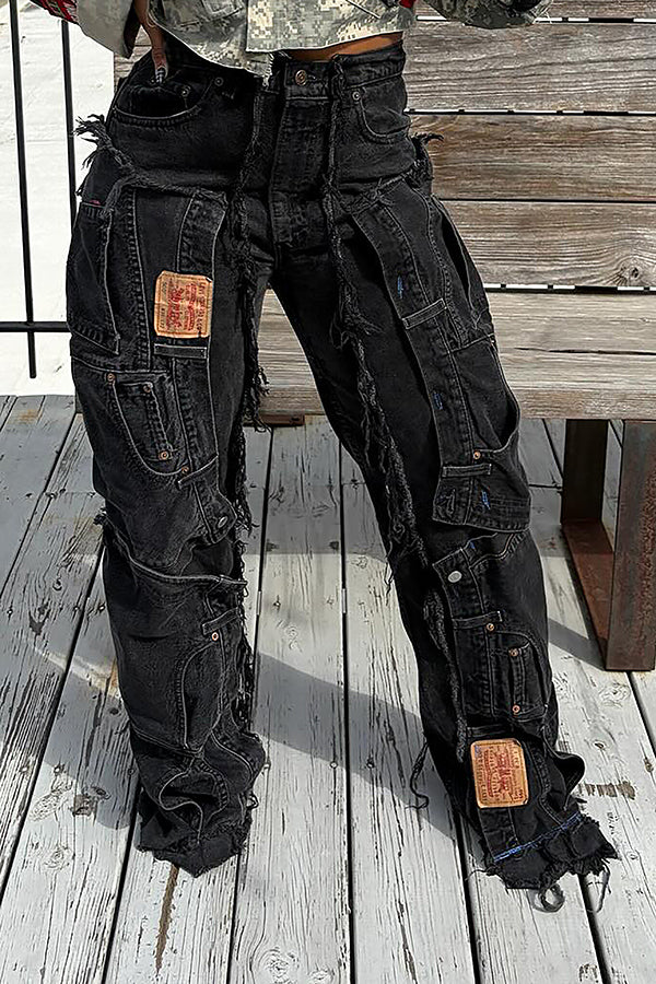 Street Patchwork Raw Edge High Waist Cargo Jeans
