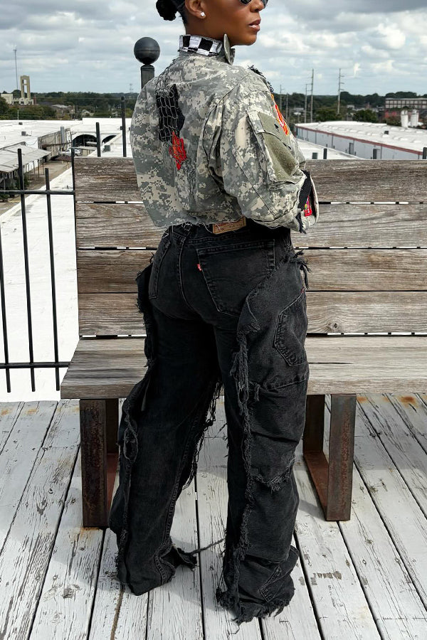 Street Patchwork Raw Edge High Waist Cargo Jeans