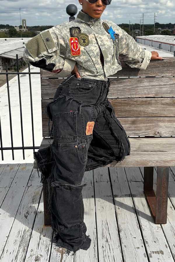 Street Patchwork Raw Edge High Waist Cargo Jeans
