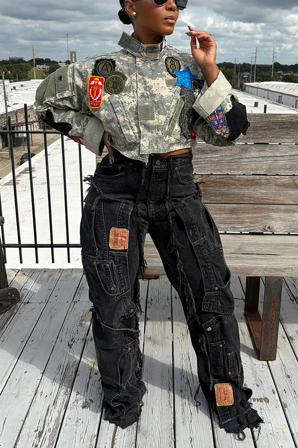 Street Patchwork Raw Edge High Waist Cargo Jeans