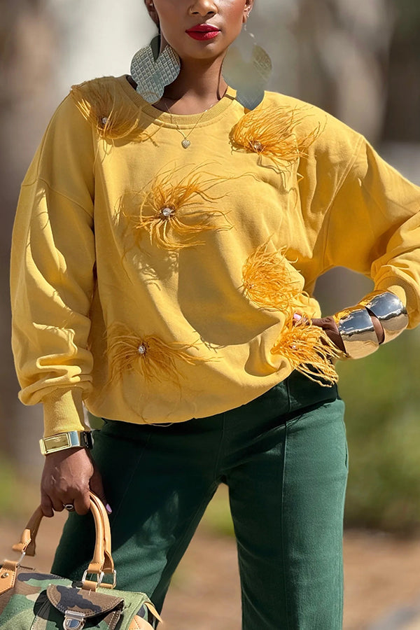 Bright Round Collar Feather Embellished Sweatshirt
