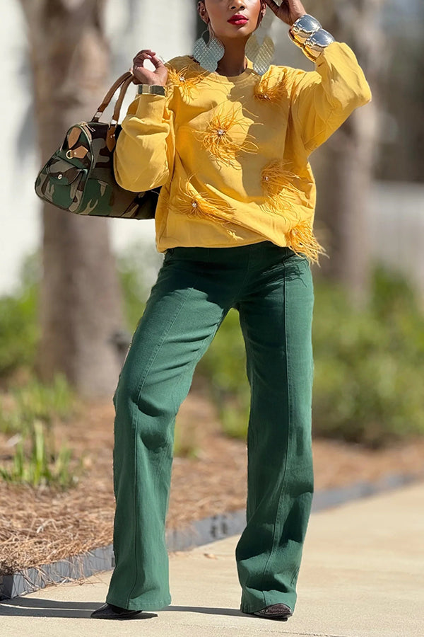 Bright Round Collar Feather Embellished Sweatshirt