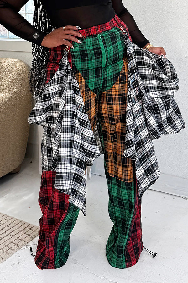 Street Style Plaid Patchwork Distressed Flannel Drawstring Pants