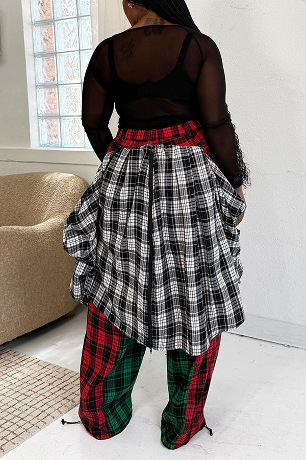 Street Style Plaid Patchwork Distressed Flannel Drawstring Pants