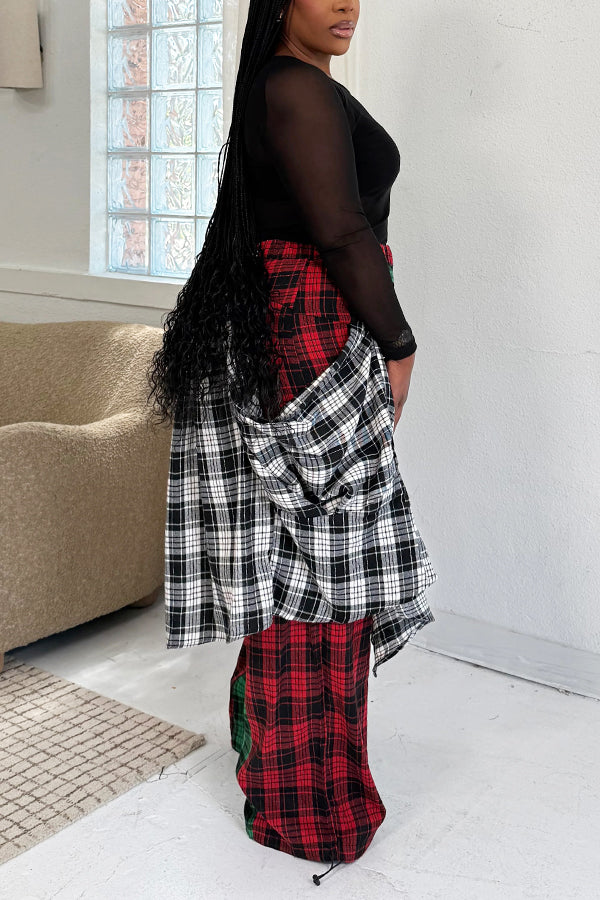 Street Style Plaid Patchwork Distressed Flannel Drawstring Pants