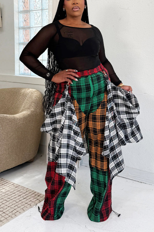 Street Style Plaid Patchwork Distressed Flannel Drawstring Pants