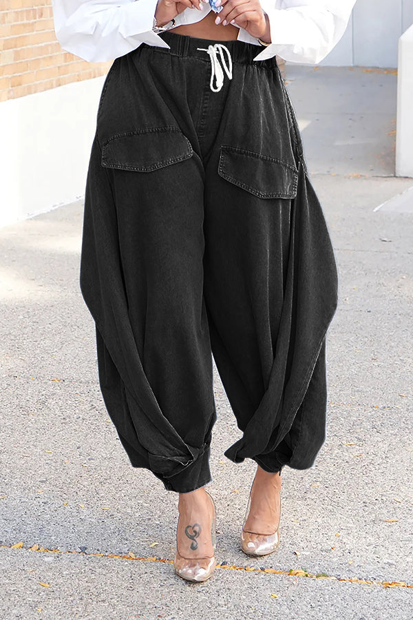 Oversized Draped Wide Leg Tapered Ankle Cargo Jeans