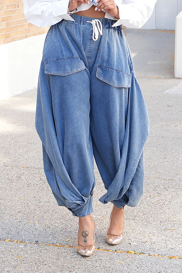 Oversized Draped Wide Leg Tapered Ankle Cargo Jeans