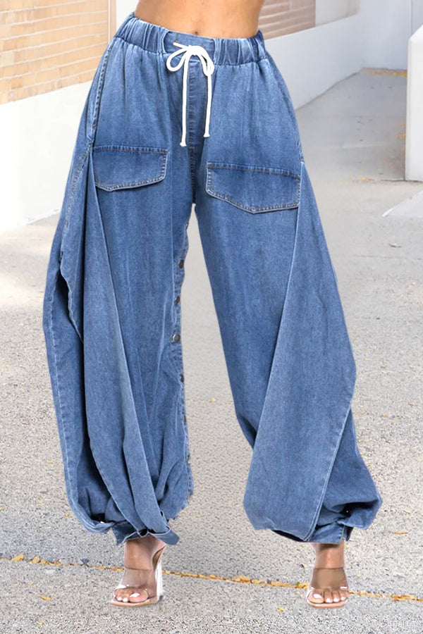 Oversized Draped Wide Leg Tapered Ankle Cargo Jeans