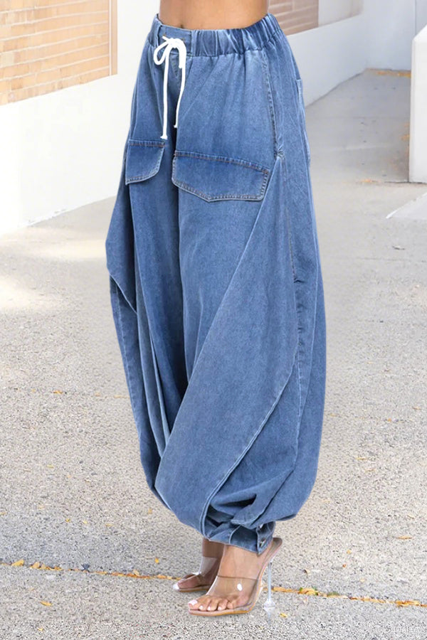 Oversized Draped Wide Leg Tapered Ankle Cargo Jeans