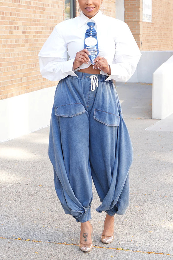 Oversized Draped Wide Leg Tapered Ankle Cargo Jeans