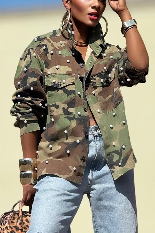 Stylish Double Pocket Pearl Embellished Camouflage Print Jacket