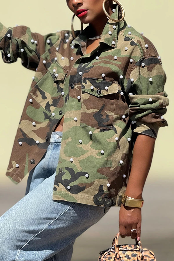 Stylish Double Pocket Pearl Embellished Camouflage Print Jacket