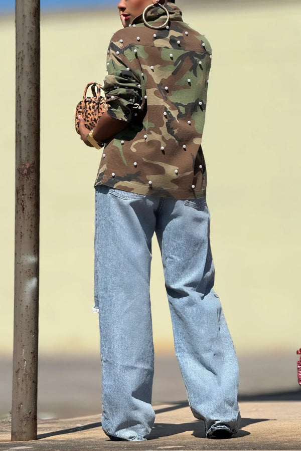 Stylish Double Pocket Pearl Embellished Camouflage Print Jacket