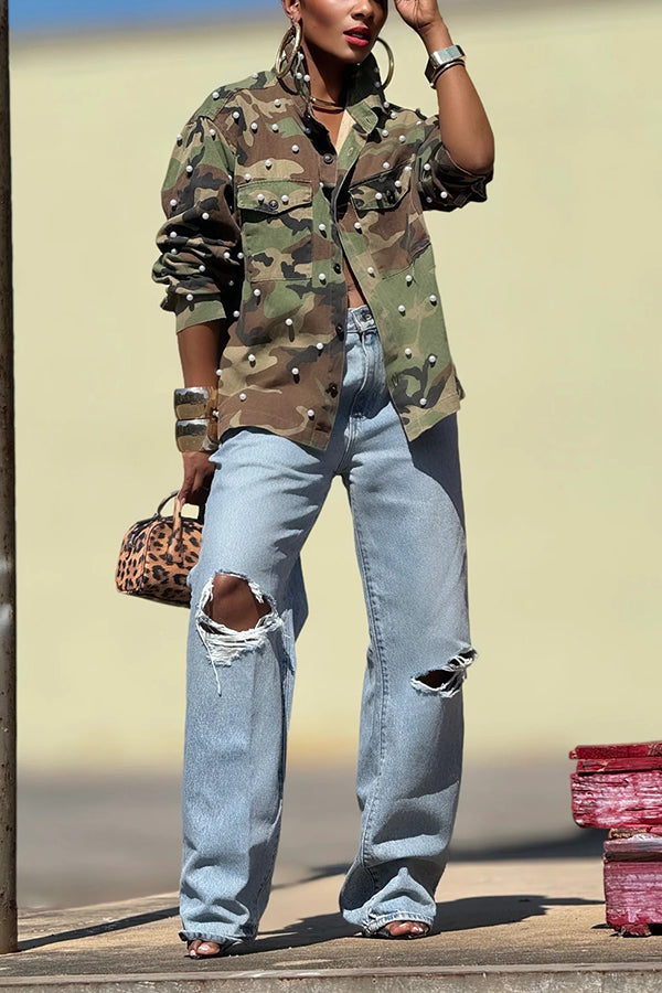 Stylish Double Pocket Pearl Embellished Camouflage Print Jacket