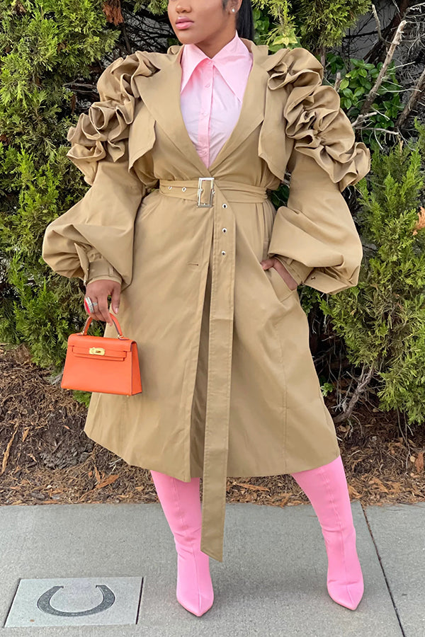 Exaggerated Ruffle Sleeve Twisted Trench Coat