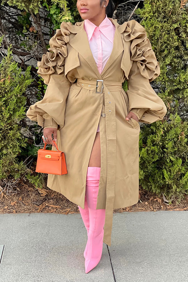 Exaggerated Ruffle Sleeve Twisted Trench Coat