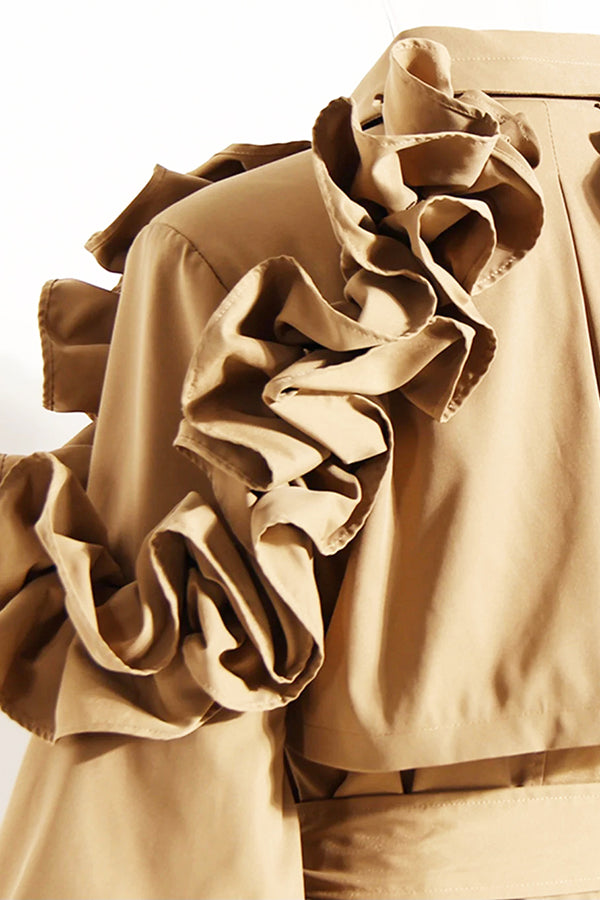 Exaggerated Ruffle Sleeve Twisted Trench Coat