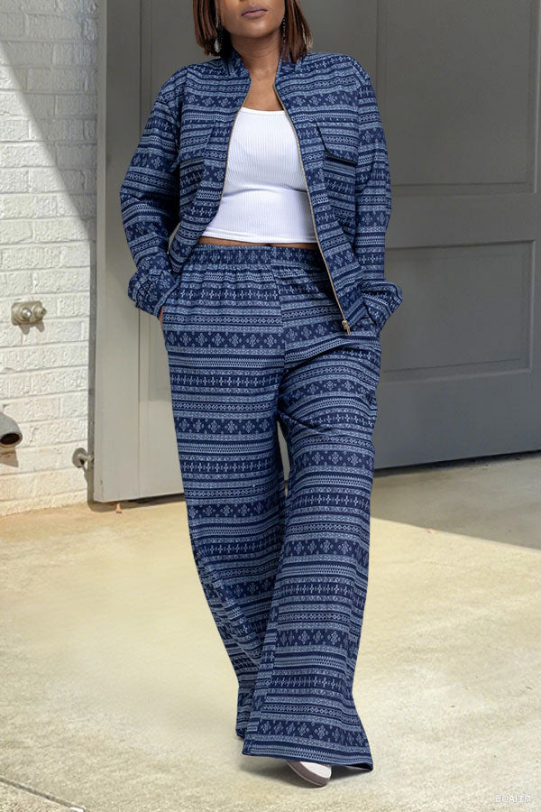 Vintage Nature Print Jacket & Wide Leg Pants Set