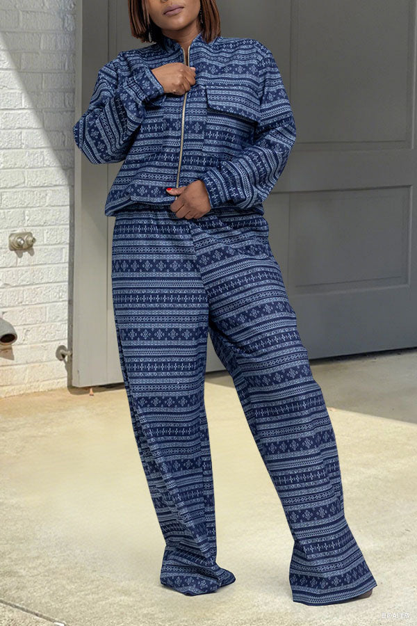 Vintage Nature Print Jacket & Wide Leg Pants Set