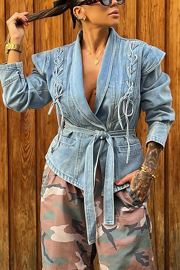 Stylish Lacing Belt Patchwork Denim Jacket