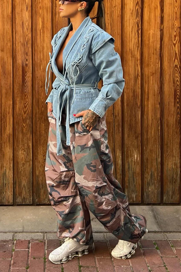 Stylish Lacing Belt Patchwork Denim Jacket