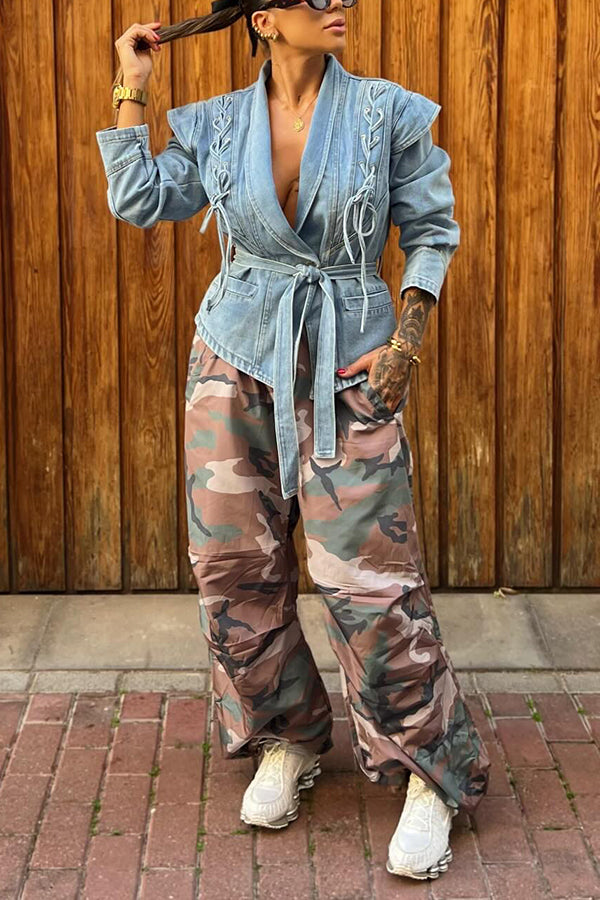Stylish Lacing Belt Patchwork Denim Jacket