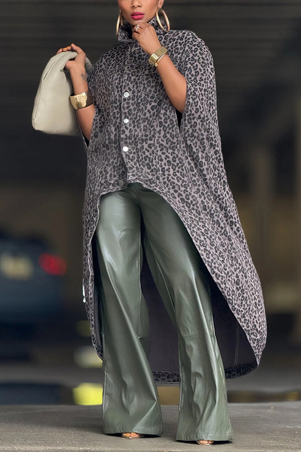Stylish Asymmetrical Leopard Print Denim Cape