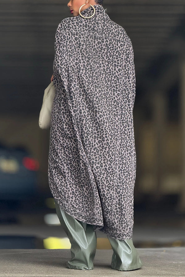 Stylish Asymmetrical Leopard Print Denim Cape