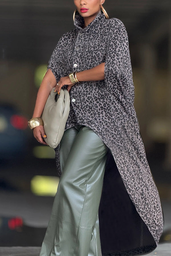 Stylish Asymmetrical Leopard Print Denim Cape