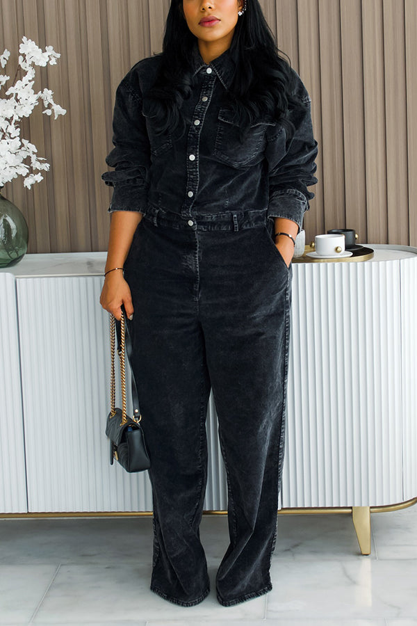 Casual Single Breasted Wide Leg Denim Jumpsuit