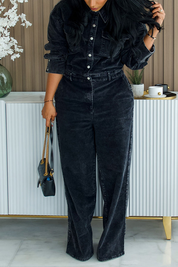 Casual Single Breasted Wide Leg Denim Jumpsuit