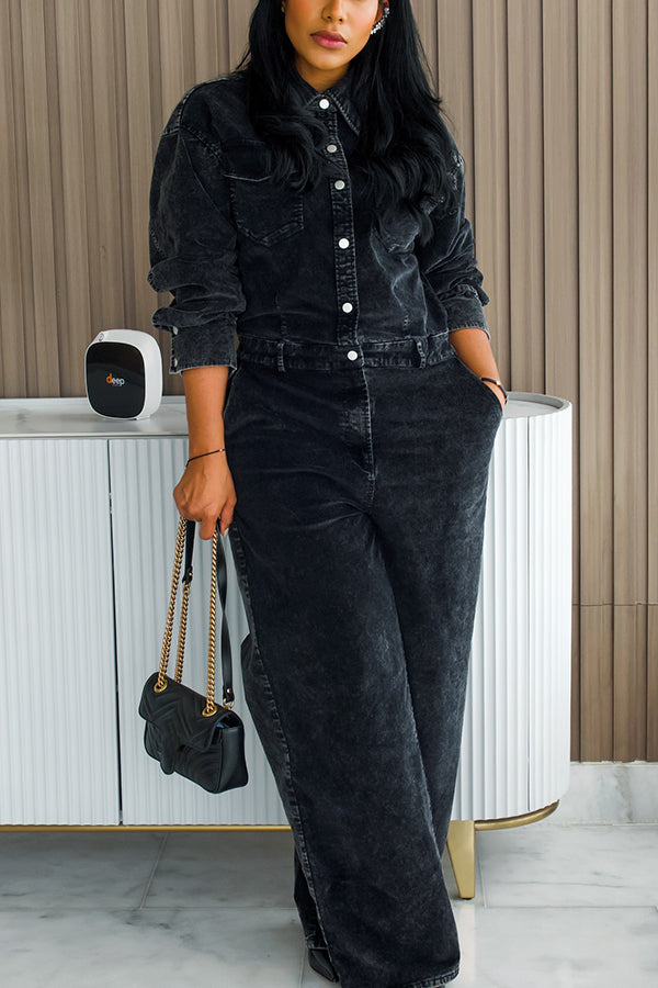 Casual Single Breasted Wide Leg Denim Jumpsuit