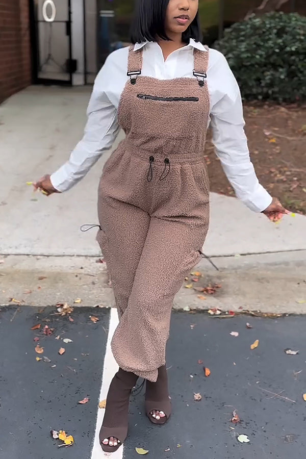Cozy Drawstring Waist Zipper Pocket Plush Overalls